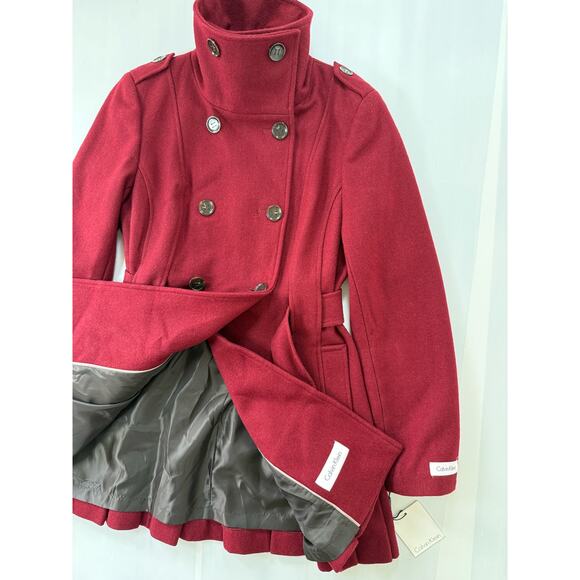 NEW CALVIN KLEIN Sz 2 Skirted Wool Trench Coat Pleated Double Breast Burgundy - Picture 9 of 9